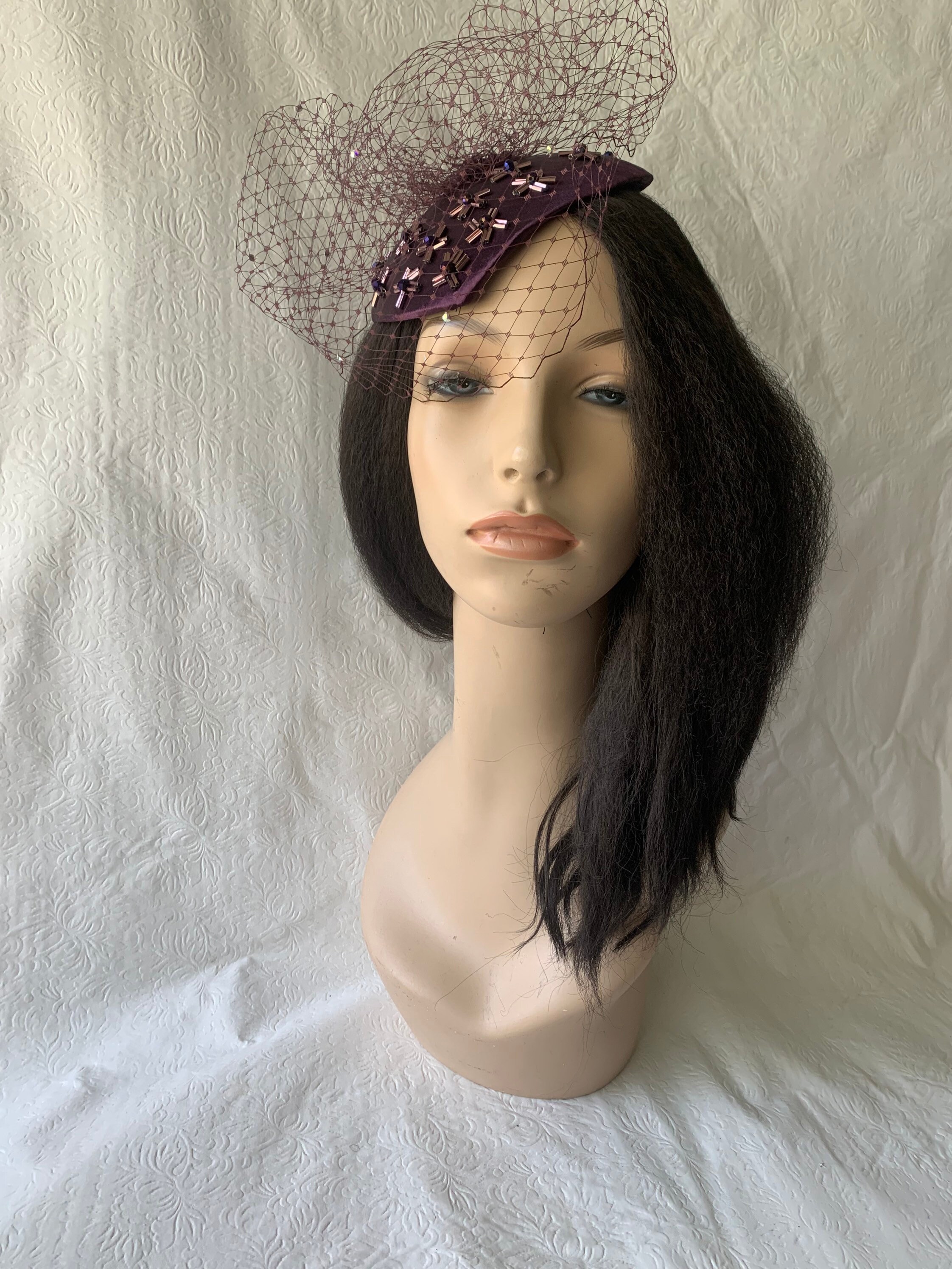 Purple Fascinator With Veil, Plum Fascinator, Eggplant 