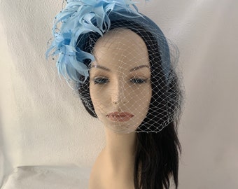 Light blue velvet veil halo crown flower feather fascinator padded headband derby fascinator Mother of the bride wedding Tea Party gift prom