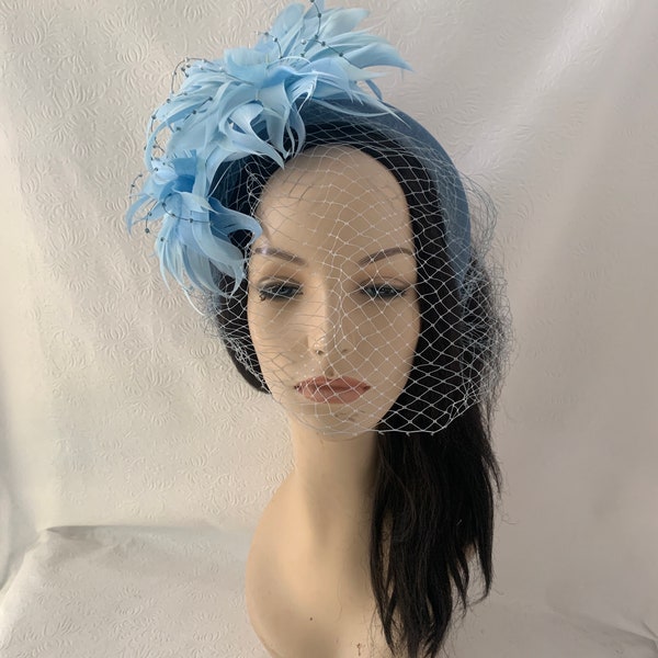 Light blue velvet veil halo crown flower feather fascinator padded headband derby fascinator Mother of the bride wedding Tea Party gift prom