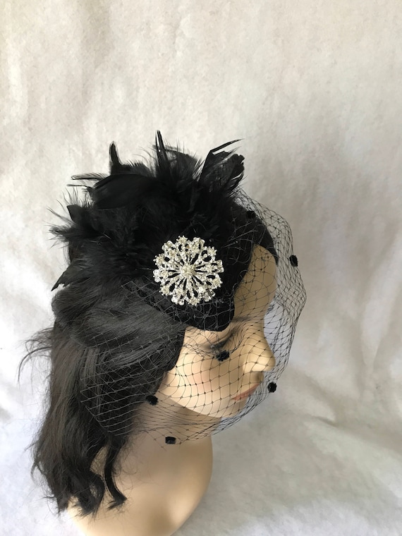Black Mini Fascinator Hat With Dotted Veil, Feather  display picture 2