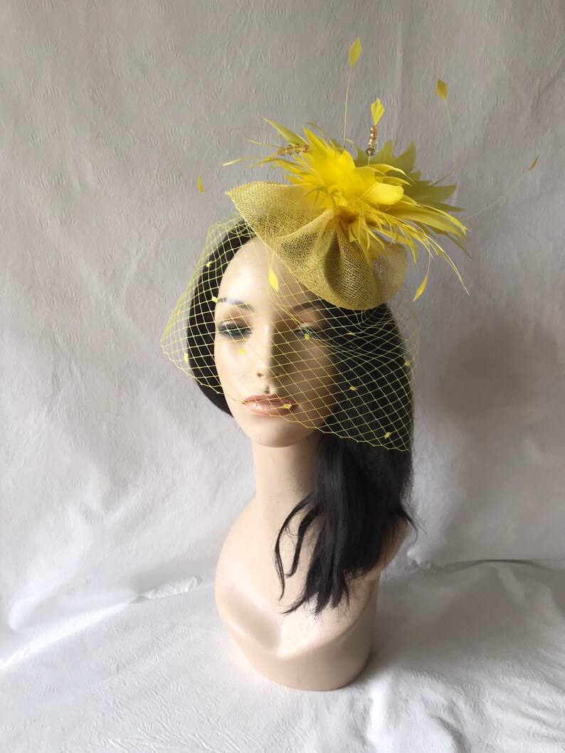 Kentucky Derby Yellow fascinator with dotted veil for wedding church hat for races mother of the bride or special occasion tea party