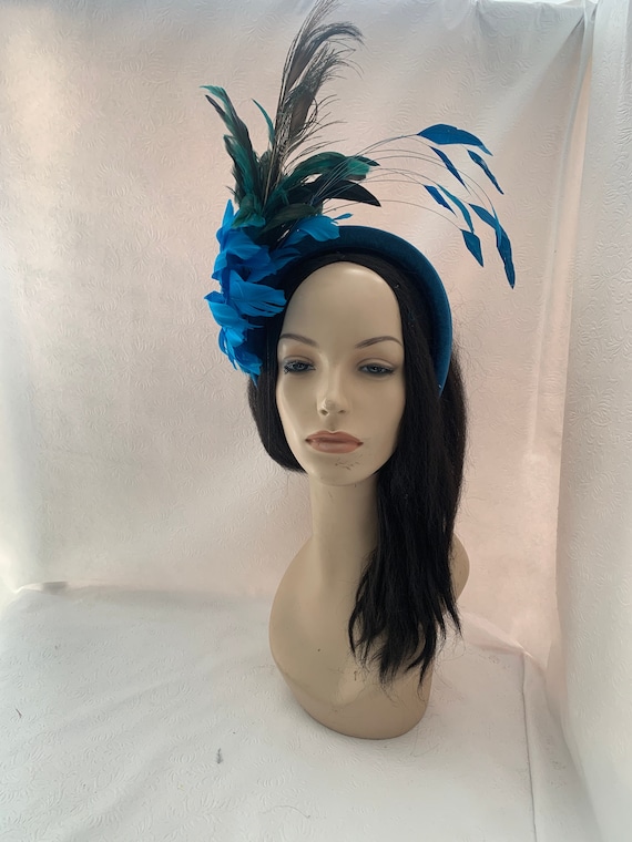 Azure Blue Peacock Feather Flower Velvet Headband Fascinator  display picture 3