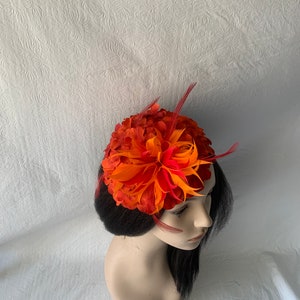 Red Orange flower Kentucky Derby fascinator hat with feather Mother of the bride wedding hat Derby Tea Party hat ladies church hat image 7