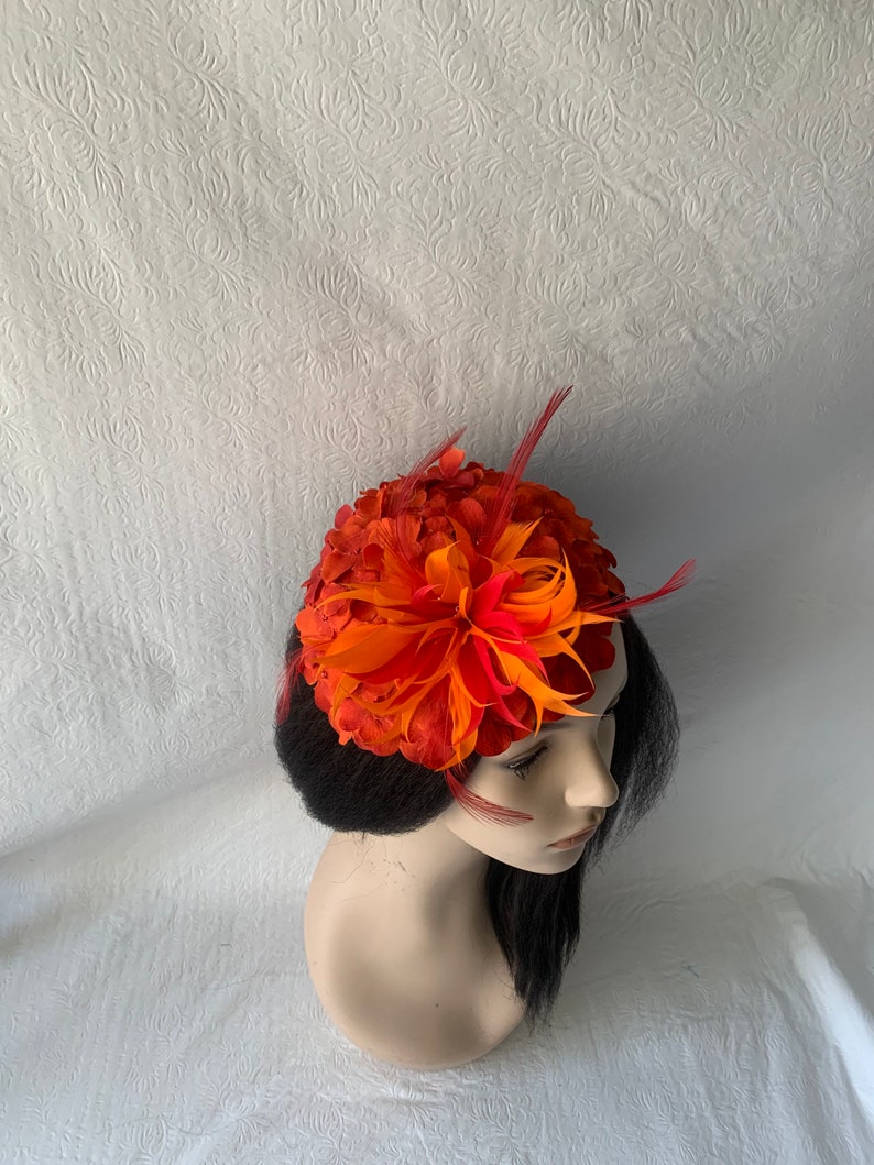 Red Orange flower Kentucky Derby fascinator hat with feather Mother of the bride wedding hat Derby Tea Party hat ladies church hat image 7