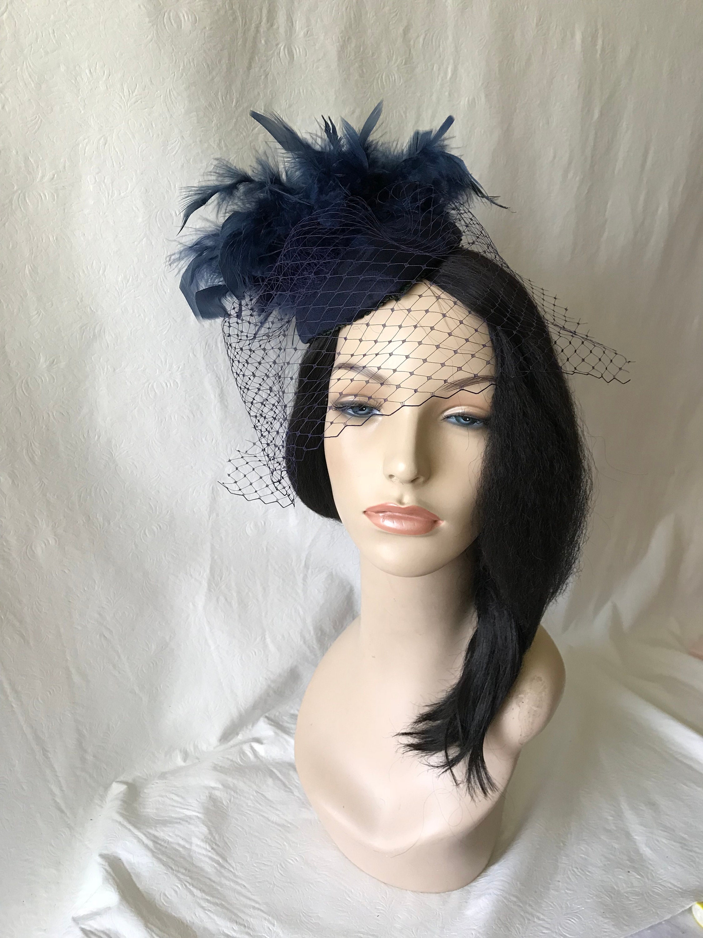 Dark navy Blue Fascinator with veil, Navy Blue Feather Hat, Vintage