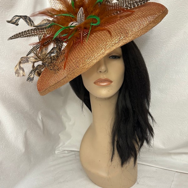 Bronze orange animal print styled sinamay  Fascinator hat for Kentucky derby,  high tea party hat, Womens church hat, wedding hat copper hat