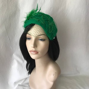 Green Felt Wool Vintage Inspired 1950s-1960s Half Hat, Green Wedding hat,Green Church hat,Green fascinator hat,Green Felt winter hat,