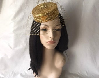 Gold Fascinator Hat with Gold Birdcage veil, Gold Kentucky Derby Fascinator, Gold Wedding Fascinator, Gold Mini Pillboxhat, Tea Party Hat