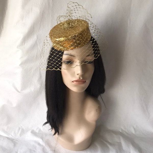 Gold Fascinator Hat with Gold Birdcage veil, Gold Kentucky Derby Fascinator, Gold Wedding Fascinator, Gold Mini Pillboxhat, Tea Party Hat