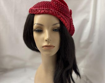 Vintage Red Velvet Hat  with Netting, nice condition for age Vintage 1950 main image 2