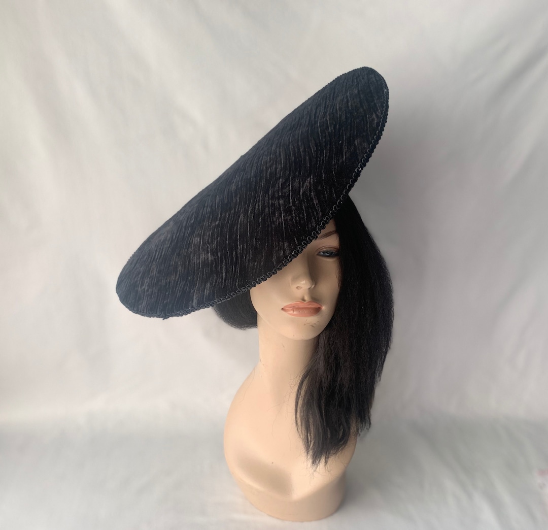 Black Velvet Flat Wide Brim Fascinator Hat Wedding Church  display picture 3