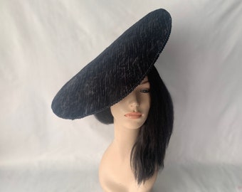 Black velvet flat wide Brim fascinator hat Wedding church Tea Party Kentucky Derby editorial headpiece Funeral hat with fringe or veil