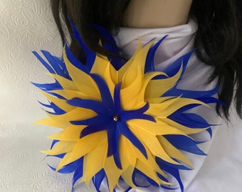 Royal blue and Golden Yellow Extra Large Feather flower Brooch pin for church, wedding, corsages, Sigma Gamma Rho sorority accessories