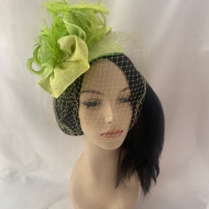 Lime Green yellow feather fascinator hat for tea party, gift set idea for Fashionista, Church hat with matching brooch, Chartreuse image 8