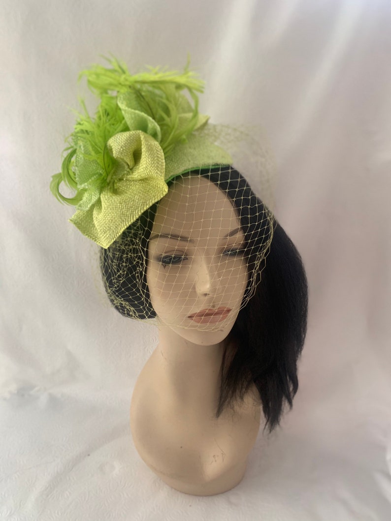 Lime Green yellow feather fascinator hat for tea party, gift set idea for Fashionista, Church hat with matching brooch, Chartreuse image 8