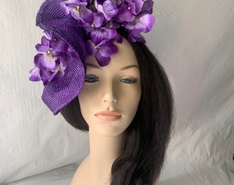 Purple flower fascinator hat, Kentucky Derby flower hat,Flower garden wedding hat,High Tea Party hat, Photoshoot headpiece, Mother the bride