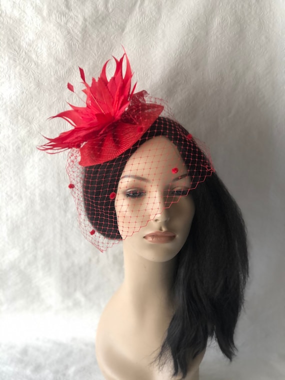 Red Fascinator Hat With Dotted Veil, Red Mini Fascinator Hat  display picture 1
