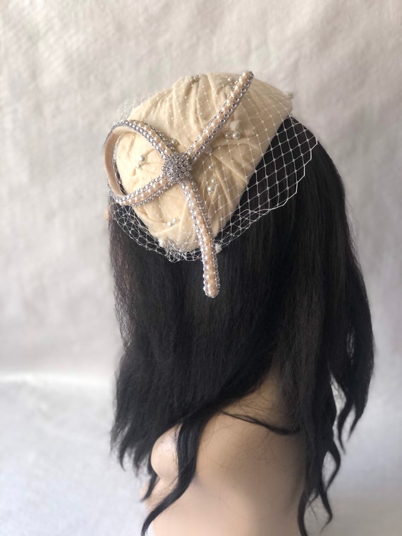 Vintage Wool Felt Fascinator Hat with Pearl Trim for Church Wedding Derby Vintage Pearl Rhinestone Half Hat: Bridal Wedding Fascinator  main image 3