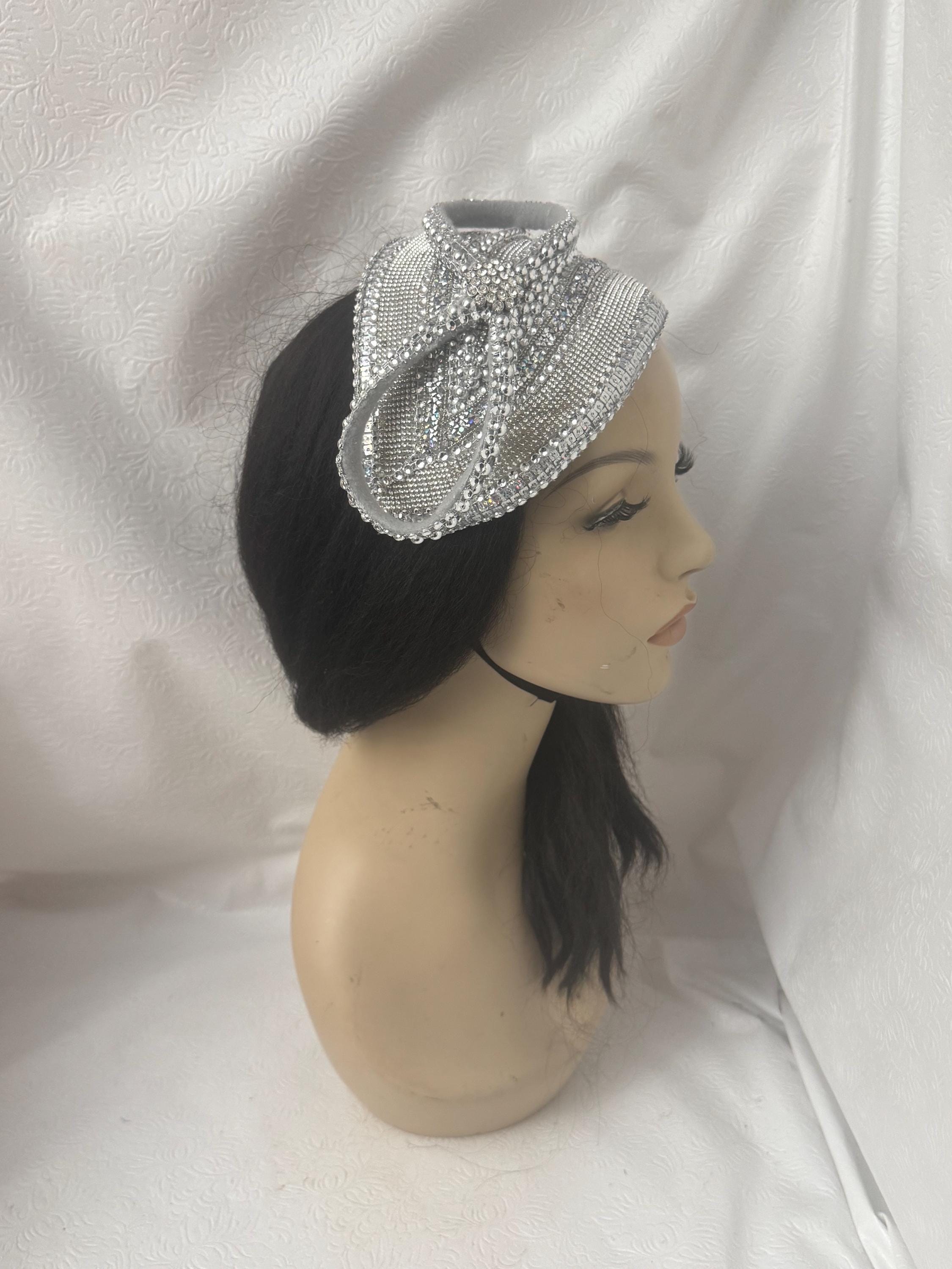 Silver rhinestone church Fascinator hat with bow for wedding, church, bridal hat, tea party - gift for  her