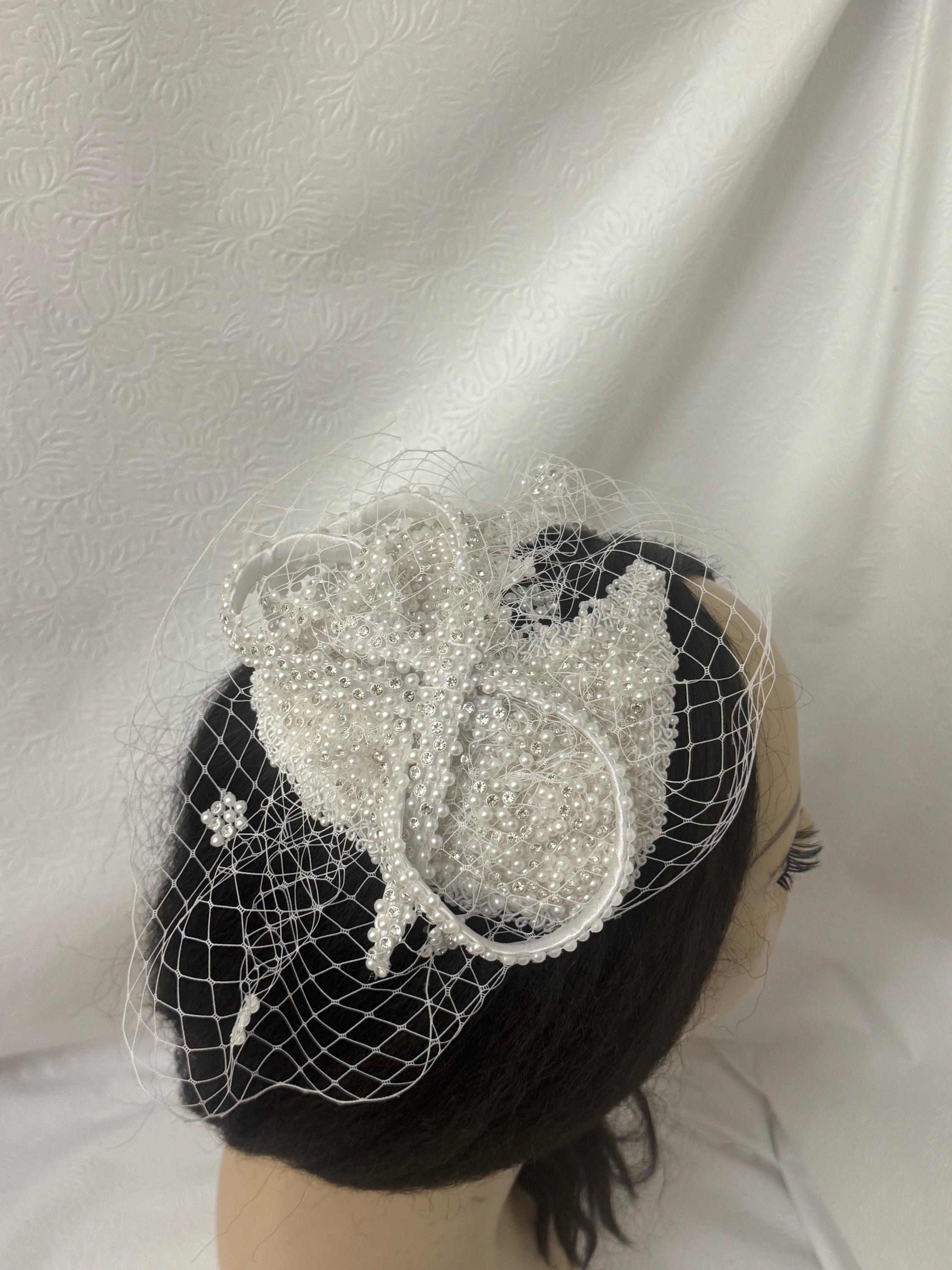 White Elegant Pearl Beaded Church Fascinator Hat With Veil 