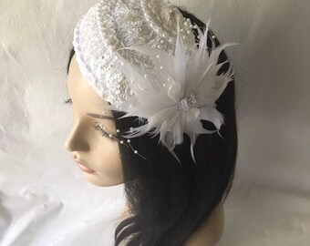 White vintage Women's fascinator half hat, white church hat, Bridal fascinator hat, tea party hat or any special occasion hat