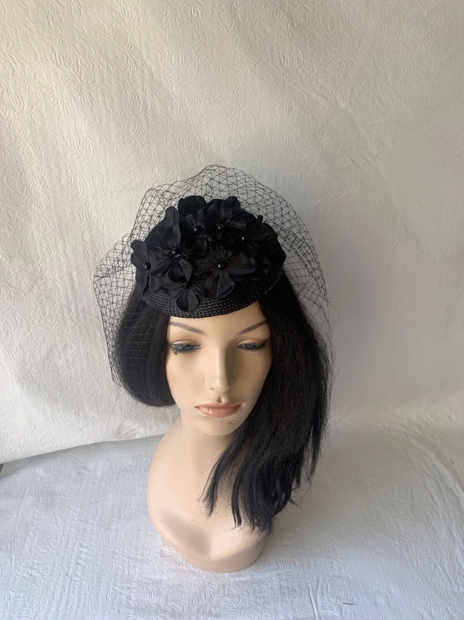 Black Fascinator Hat Veil Flower Fascinator 20s 50s Vintage Pillbox