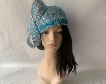 Elegant light Turquoise blue rhinestone gemstone beaded women’s church hat, full size, brimless, mother of bride wedding hat, tea party gift