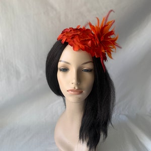 Red Orange flower Kentucky Derby fascinator hat with feather Mother of the bride wedding hat Derby Tea Party hat ladies church hat image 2