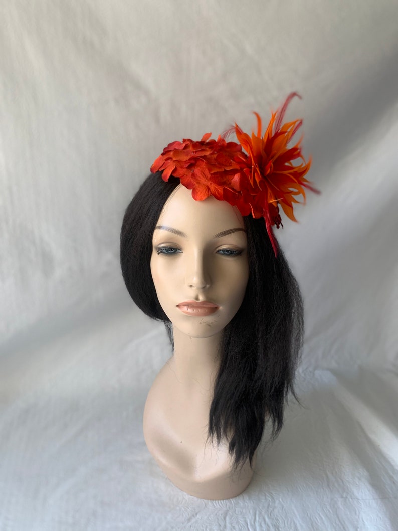 Red Orange flower Kentucky Derby fascinator hat with feather Mother of the bride wedding hat Derby Tea Party hat ladies church hat image 2