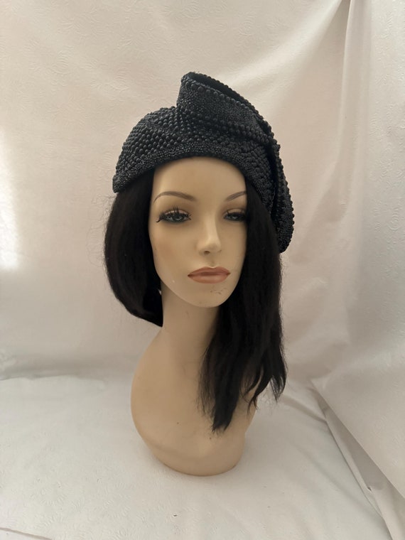 Black rhinestone pearl beaded vintage 1950s -1960s Women's Church half hat with bow, Mother of the Bride, wedding hat, fancy tea party hat