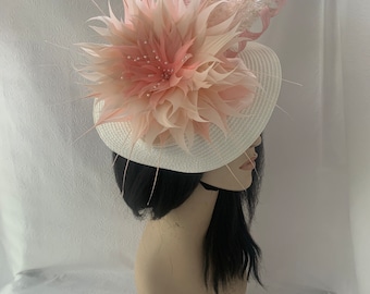 Peach pink ivory large fascinator hat Kentucky Derby hat, feather fascinator church hat, Tea Party hat, wedding Mother of the bride, Races