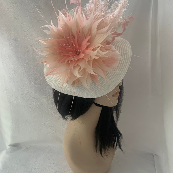 Peach pink ivory large fascinator hat Kentucky Derby hat, feather fascinator church hat, Tea Party hat, wedding Mother of the bride, Races