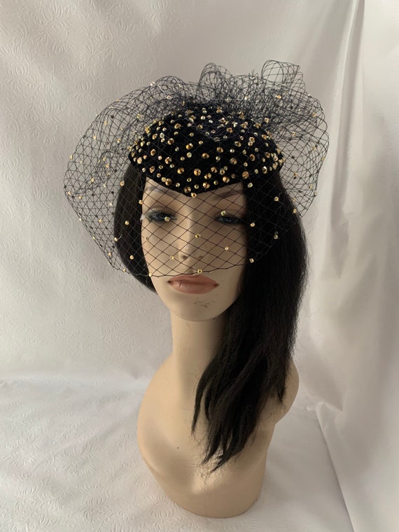 Vintage Metallic Brocade Cocktail Hat w/ Veil Bow Fascinator Black Gold 50 main image 3