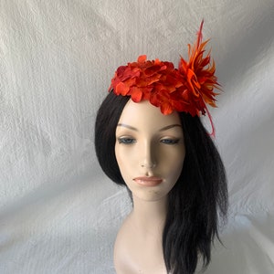 Red Orange flower Kentucky Derby fascinator hat with feather Mother of the bride wedding hat Derby Tea Party hat ladies church hat image 8