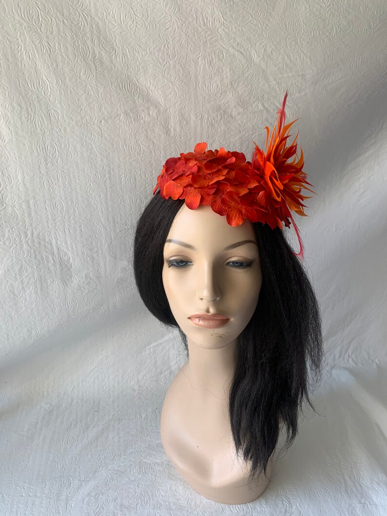 Red Orange flower Kentucky Derby fascinator hat with feather Mother of the bride wedding hat Derby Tea Party hat ladies church hat image 8