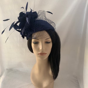 Dark navy blue fascinator hat with veil for wedding, mother of bride hat, womens church hat, formal hat, tea party hat, Kentucky derby hat image 10