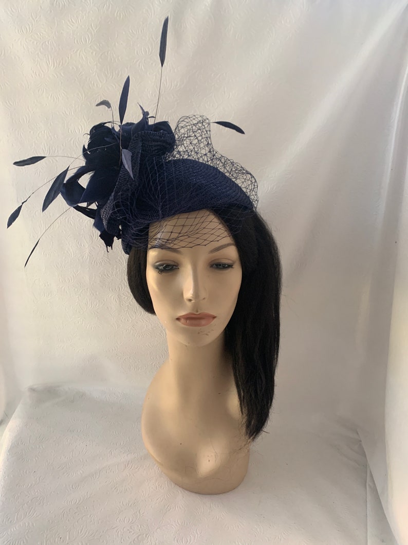 Dark navy blue fascinator hat with veil for wedding, mother of bride hat, womens church hat, formal hat, tea party hat, Kentucky derby hat image 10
