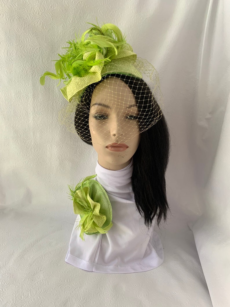 Lime Green yellow feather fascinator hat for tea party, gift set idea for Fashionista, Church hat with matching brooch, Chartreuse image 10