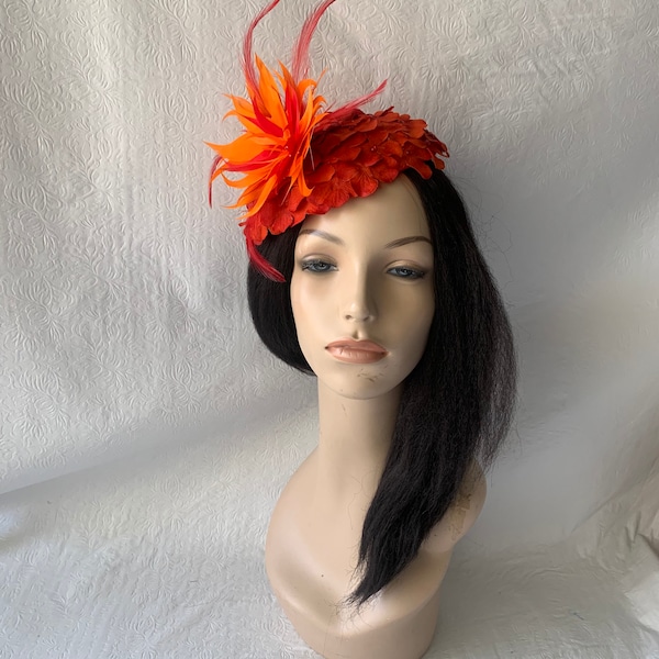 Red Orange flower Kentucky Derby fascinator hat with feather Mother of the bride wedding hat Derby Tea Party hat ladies church hat