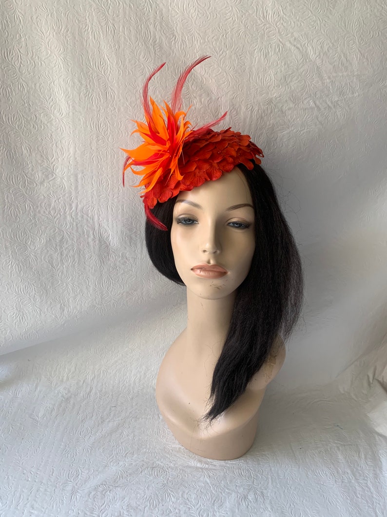 Red Orange flower Kentucky Derby fascinator hat with feather Mother of the bride wedding hat Derby Tea Party hat ladies church hat image 1