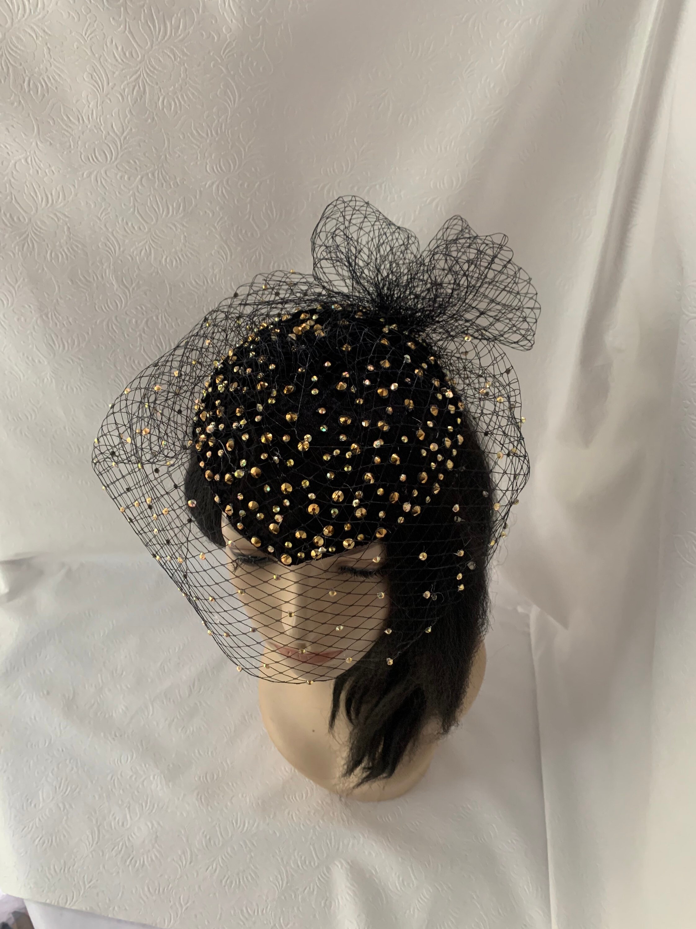 Black Veil Gold Rhinestone Bejewel Fascinator Hat Rhinestone 