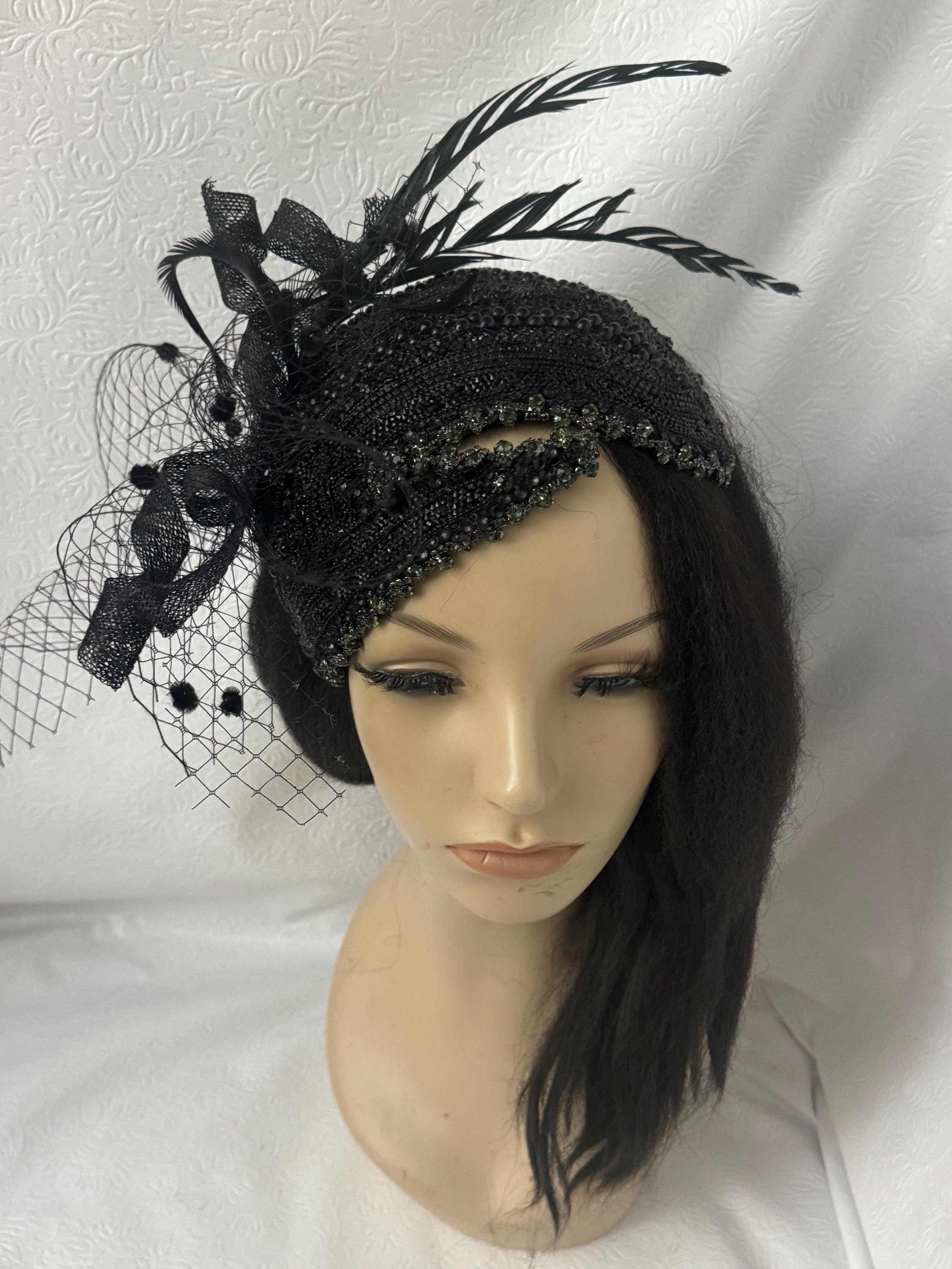 Elegant Black Beaded Fascinator Hat With Feathers and Veil 