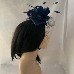 Dark navy blue fascinator hat with veil for wedding, mother of bride hat, womens church hat, formal hat, tea party hat, Kentucky derby hat image 8