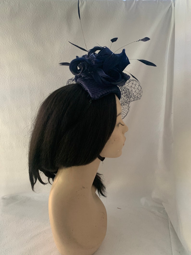 Dark navy blue fascinator hat with veil for wedding, mother of bride hat, womens church hat, formal hat, tea party hat, Kentucky derby hat image 8