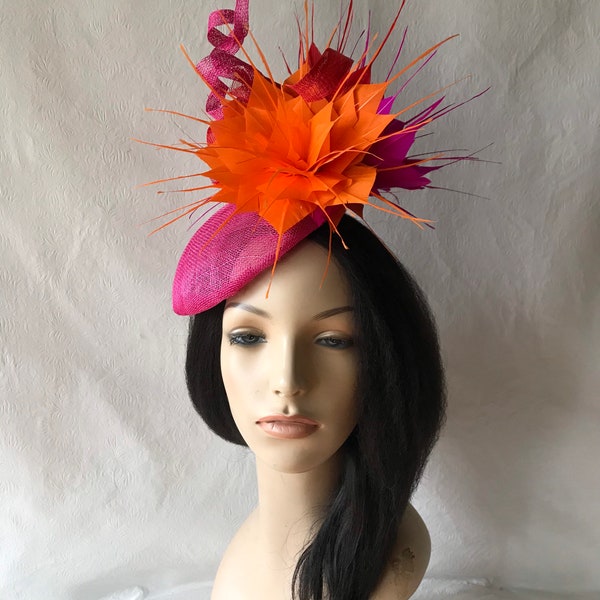 Fuchsia Hot pink Red Orange Women's Pillbox Kentucky Derby Hat Feather Fascinator  Tea Party Fascinator Hat for Mother of bride wedding hat
