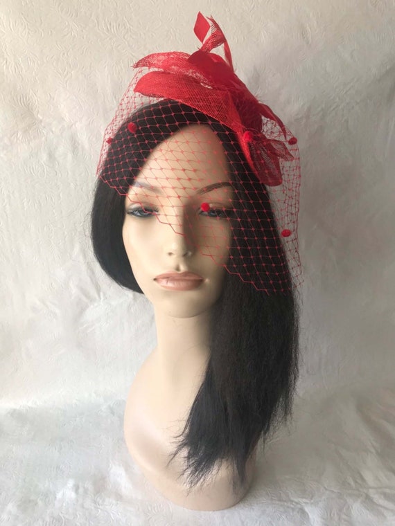 Veil Red Fascinator Headband Wedding 