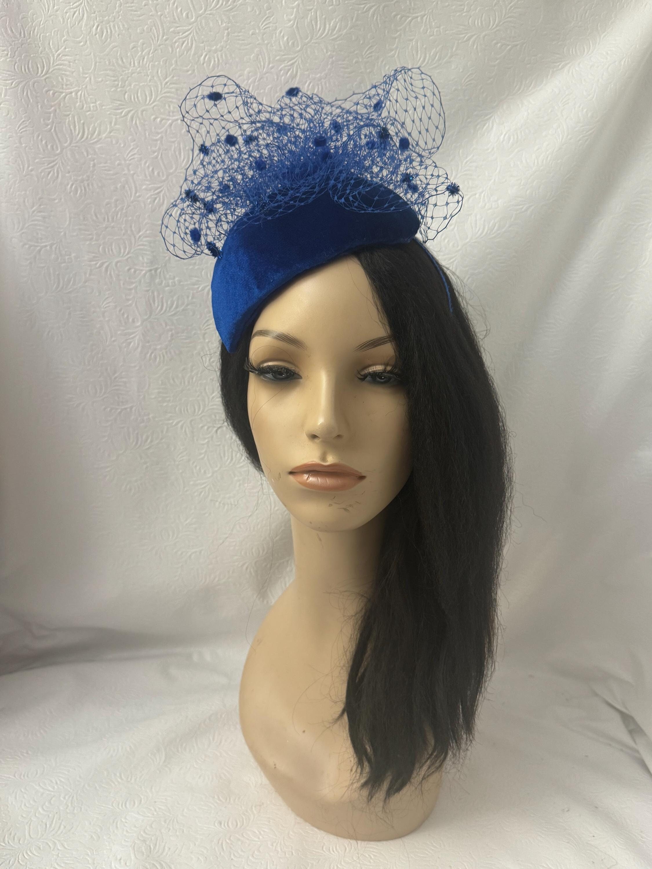 Blue Velvet Teardrop Fascinator Hat With Dotted Veil for  display picture 1