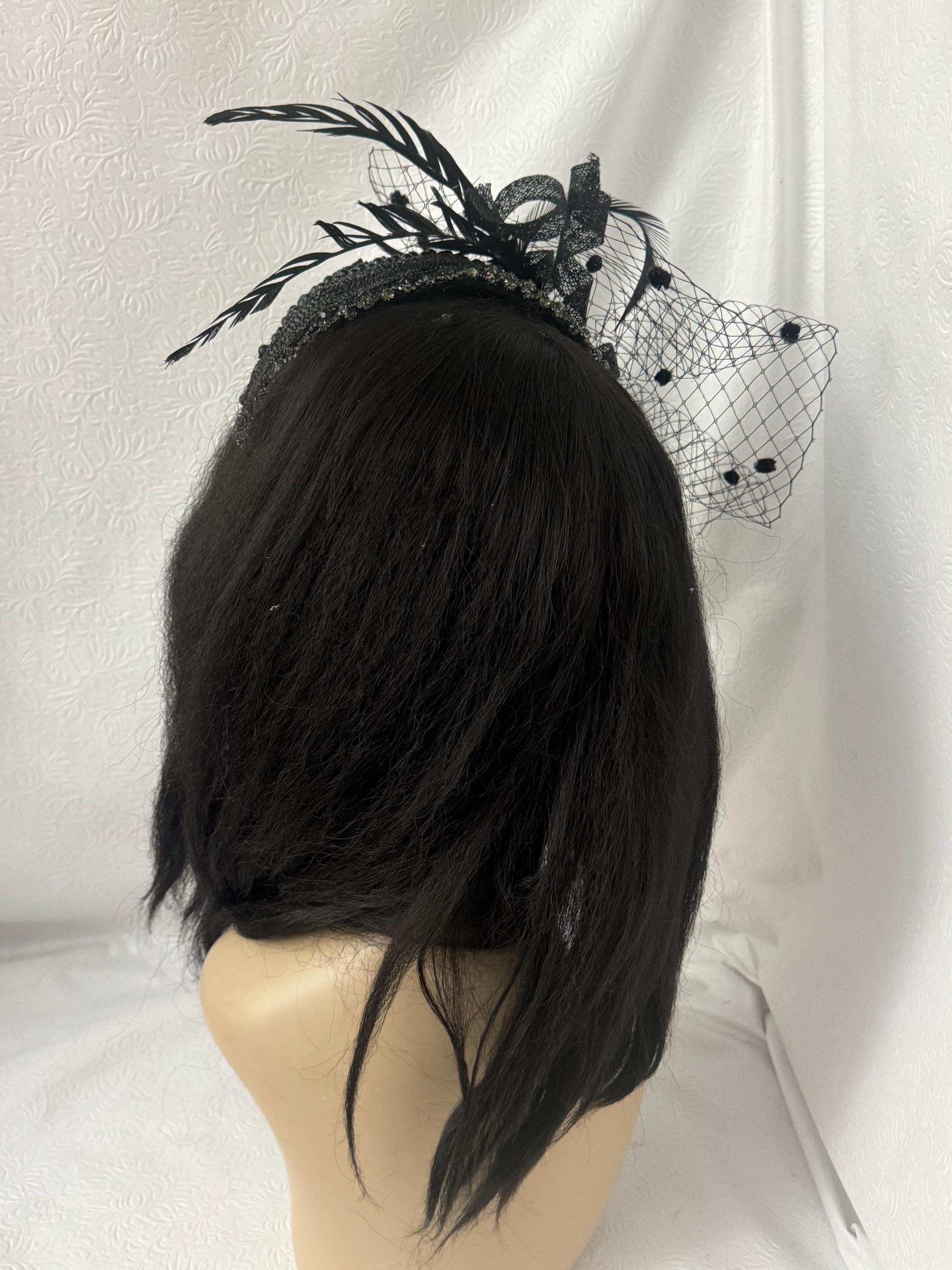 Elegant Black Beaded Fascinator Hat With Feathers and Veil 