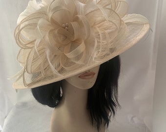 Ivory cream wide brim sinamay hat for women’s church hat, Kentucky Derby hat,  wedding, mother of  bride hat, Beige formal hat, tea party,