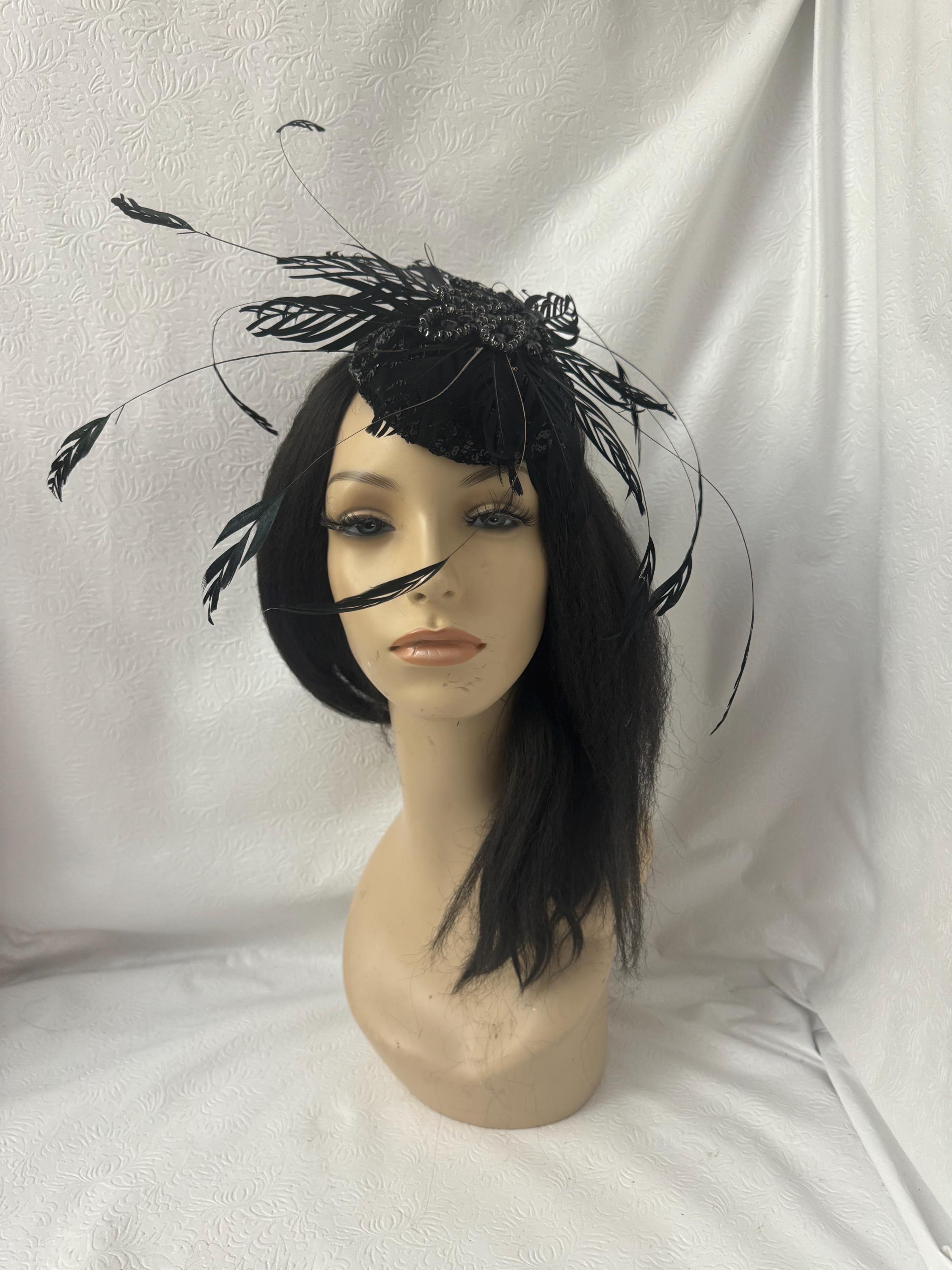 Elegant Black Sequin Mini Cocktail Fascinator Hat With Long  display picture 2